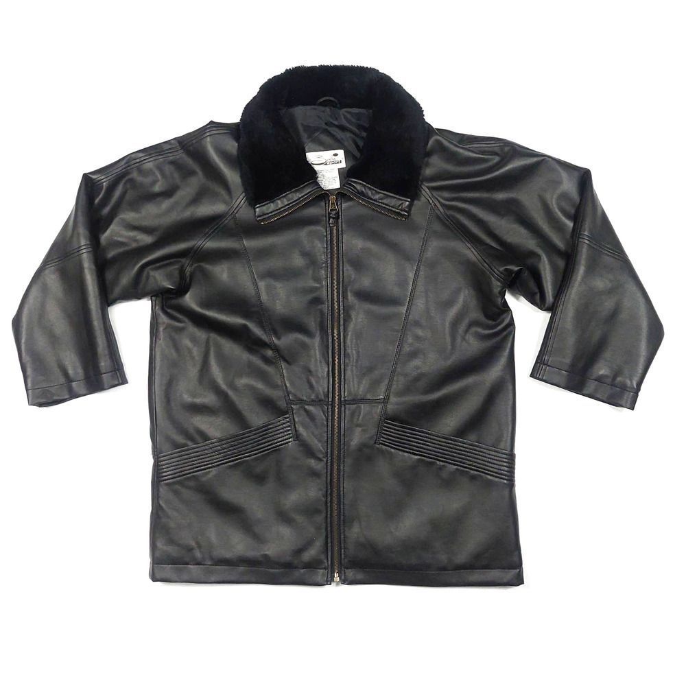 🔥3/$15 VINTAGE 90'S SERBIN SPORT BLACK FAUX LEATHER COAT WITH FUR TRIM SIZE L